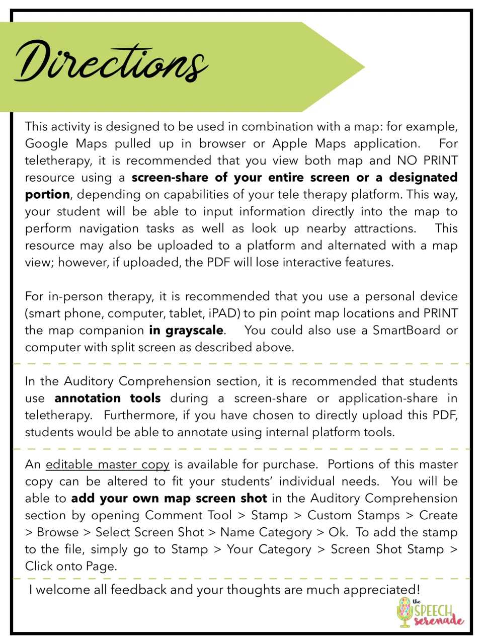 Directions for pairing the PDF with Google or Apple Maps via screen-share, grayscale printing and annotation tools