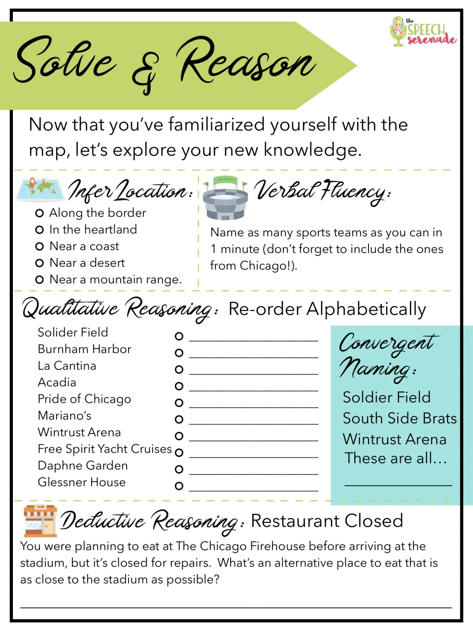 Solve & Reason: students infer location, name sports teams, alphabetize 10 places and pick a nearby restaurant