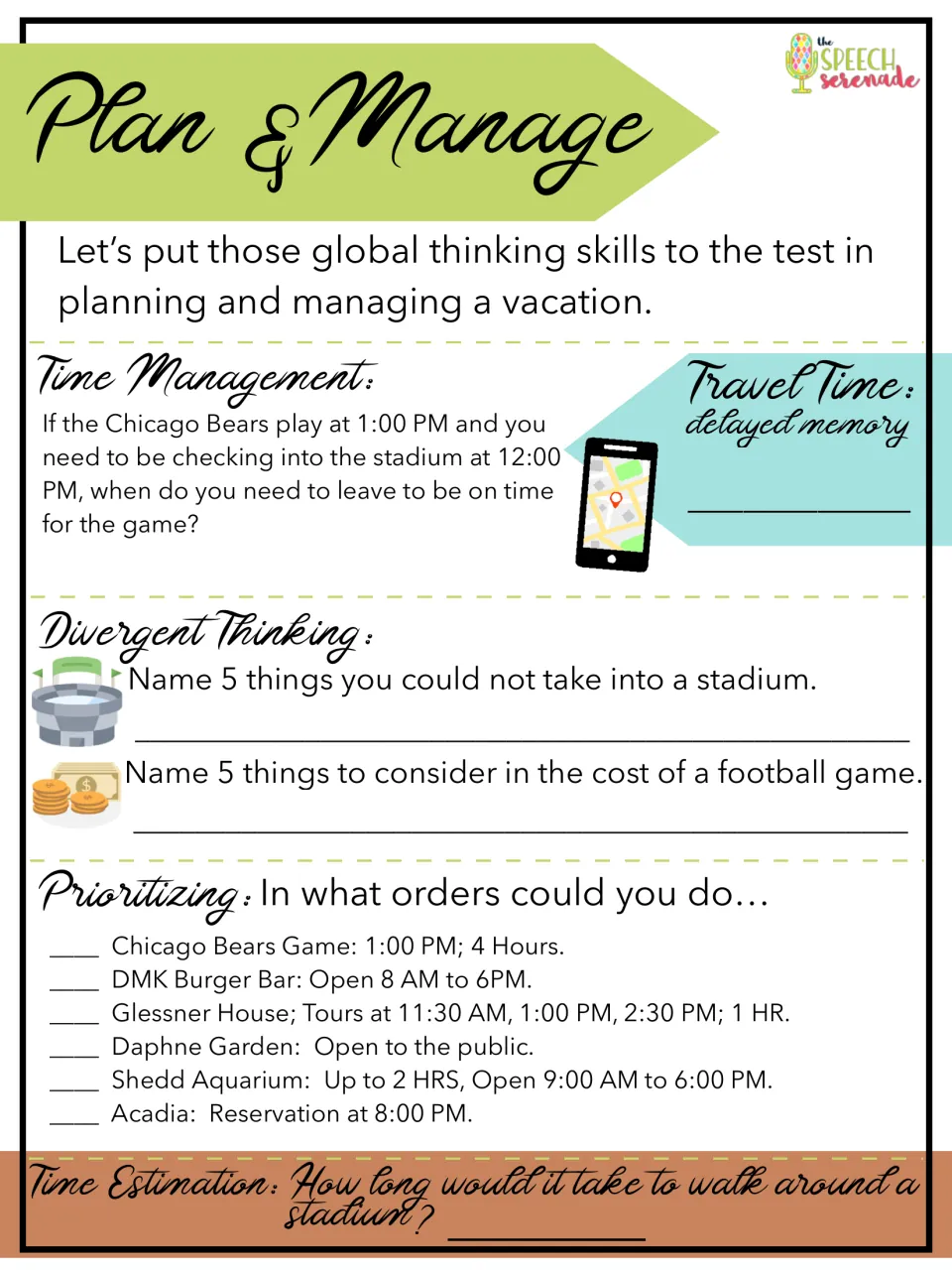 Plan & Manage: students plan when to leave for a Bears game, list banned stadium items and costs, order six activities
