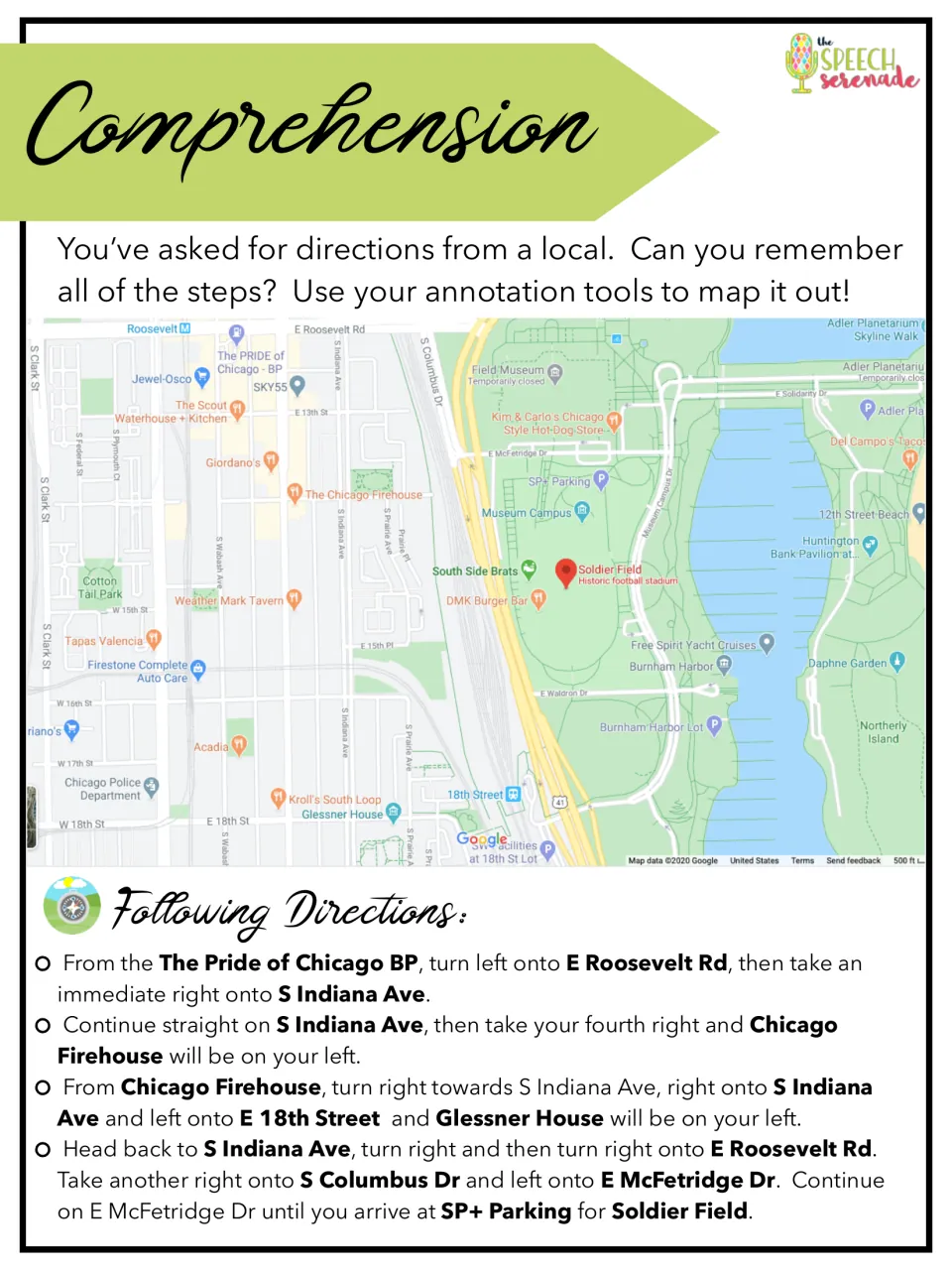 Comprehension: students trace four direction steps on a Chicago street map from a gas station to Soldier Field parking