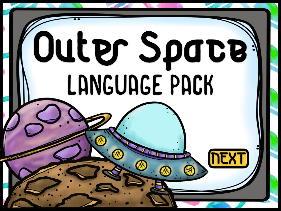 Outer Space Language Pack cover showing a ringed planet, a flying saucer and an asteroid, with a NEXT button
