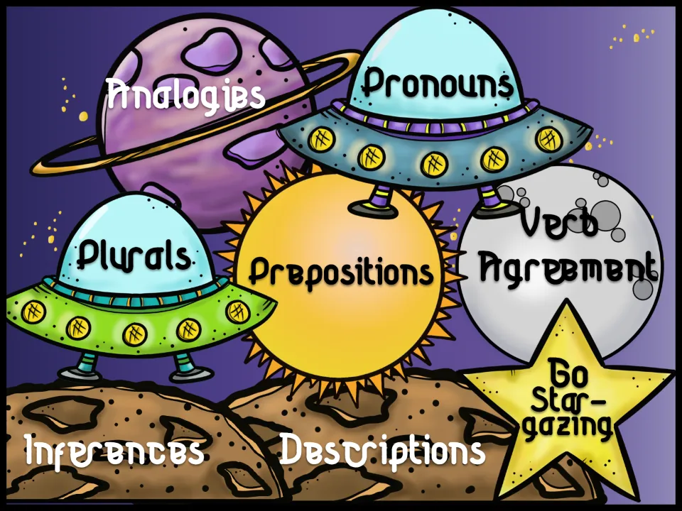 Home menu: tap analogies, pronouns, plurals, prepositions, verb agreement, inferences, descriptions or Go Stargazing