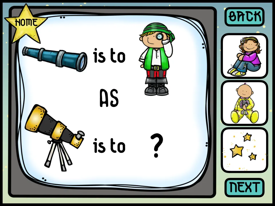 Picture analogy: spyglass is to pirate as telescope is to ?; students choose a seated girl, a baby or a group of stars