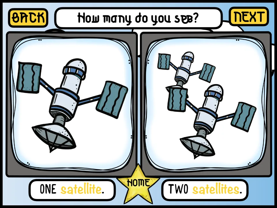 Plurals: How many do you see? Students compare one satellite and two satellites to practise singular and plural nouns