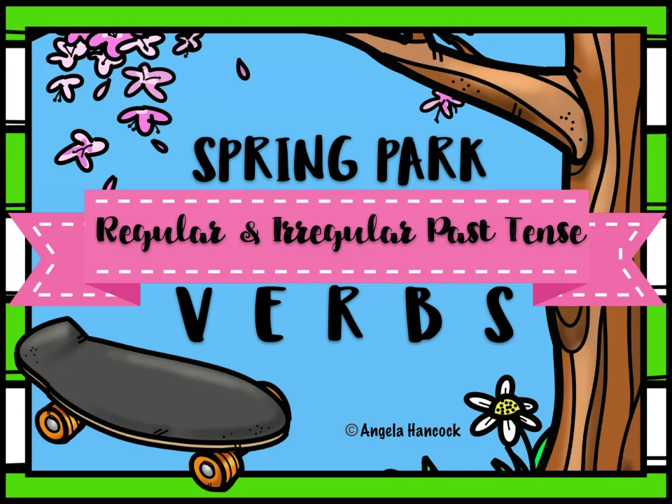 Spring Park cover for regular and irregular past tense verbs, illustrated with a tree, pink blossoms and a skateboard