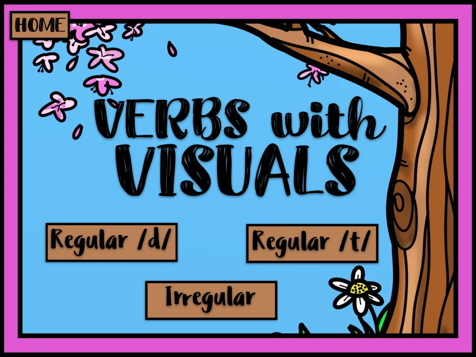 Verbs with Visuals menu: students pick a set of past tense verbs sorted as Regular /d/, Regular /t/ or Irregular