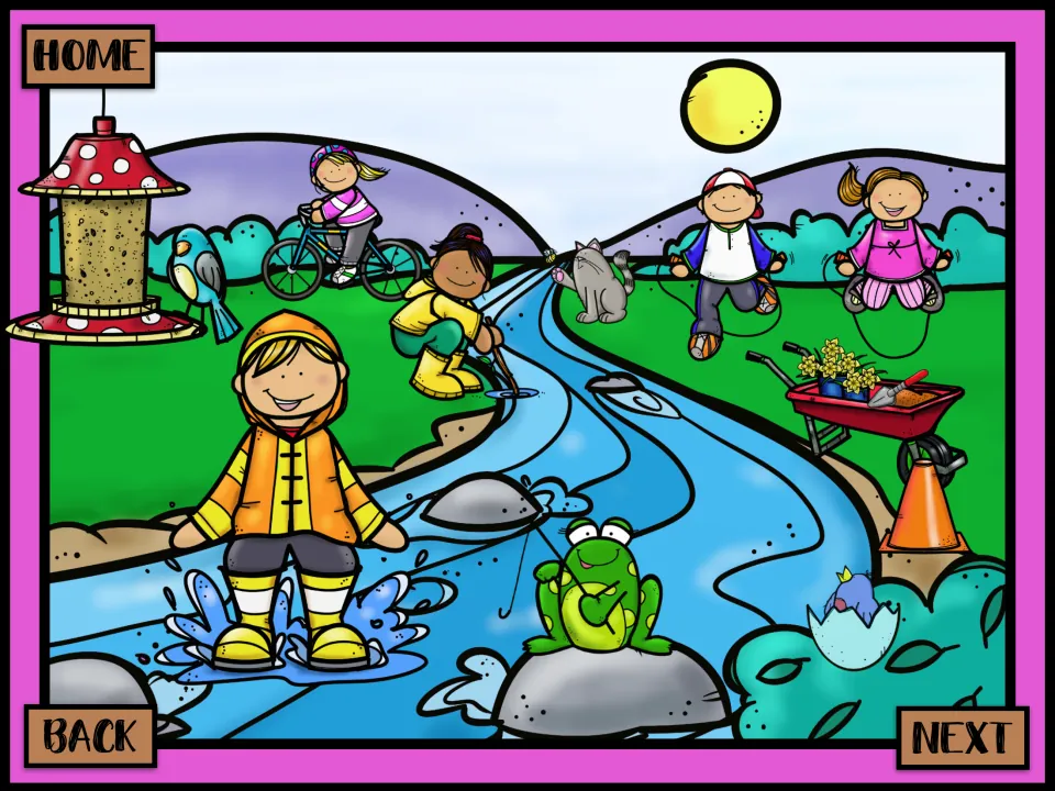 Park scene for past tense talk: children biking, skipping rope, splashing in a creek and a frog fishing