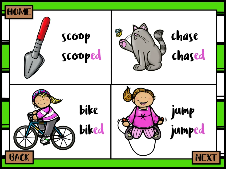 Past tense picture cards: scoop/scooped, chase/chased, bike/biked and jump/jumped with the -ed ending highlighted in pink