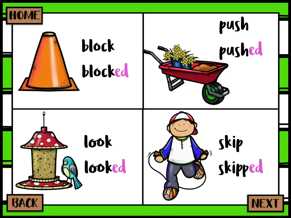 Past tense picture cards: block/blocked, push/pushed, look/looked and skip/skipped with a pink -ed added to each verb