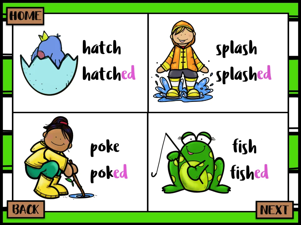 Past tense picture cards: hatch/hatched, splash/splashed, poke/poked and fish/fished, each -ed ending shown in pink