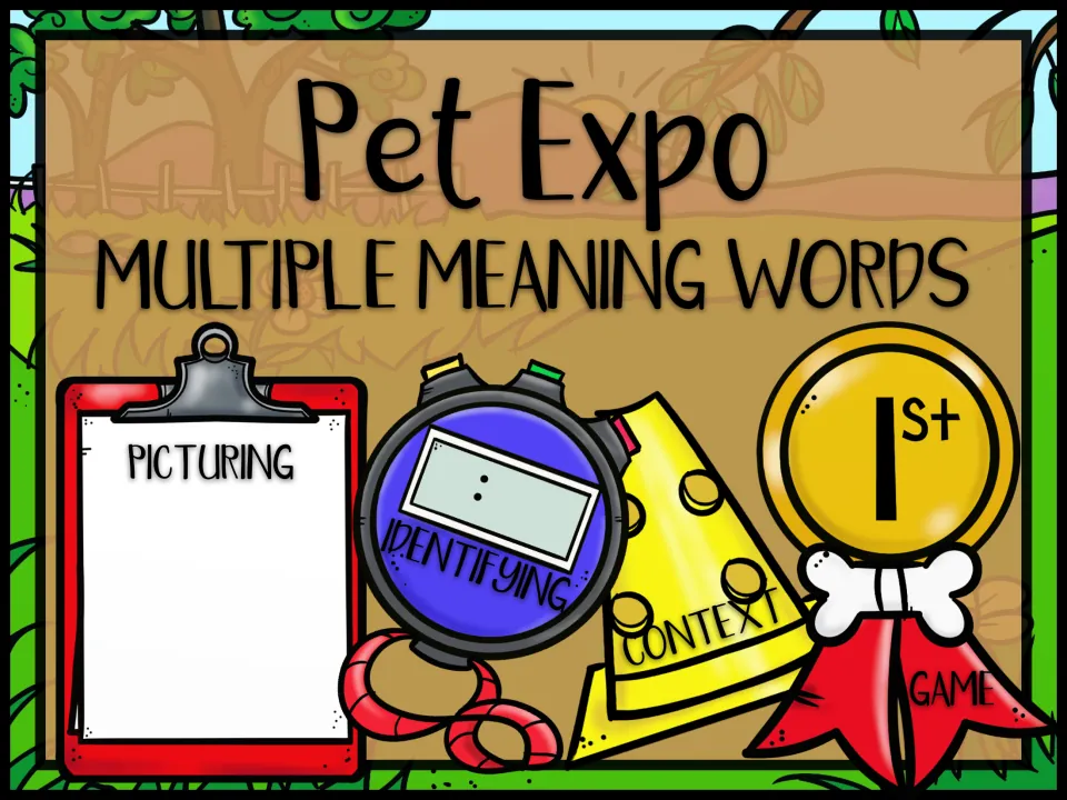 Pet Expo multiple meaning words menu with four activity choices: Picturing, Identifying, Context and a Game