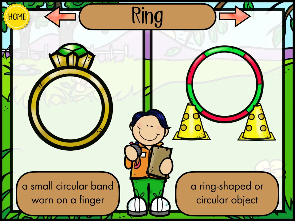 Ring: two meanings pictured, a gem ring worn on a finger and a ring-shaped hoop set on cones, each with a short definition