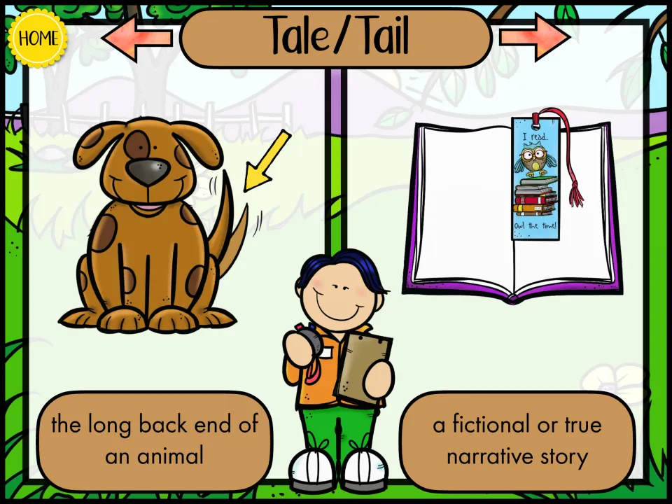 Tale/Tail homophones: a dog with an arrow to its tail and an open book with a bookmark for a fictional or true story