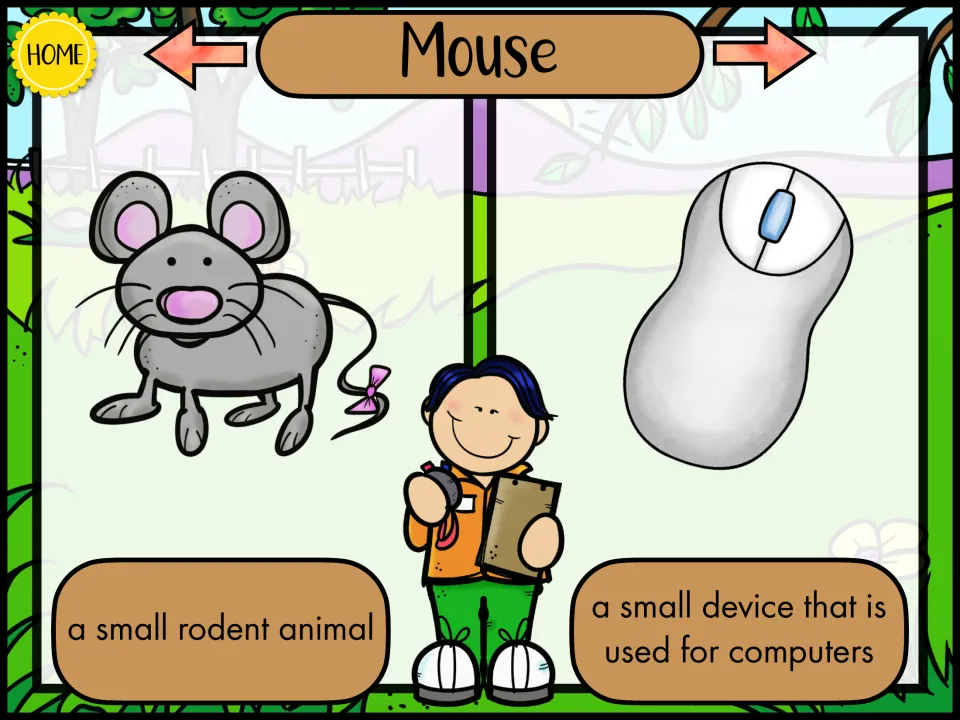 Mouse: a gray rodent labeled 'a small rodent animal' beside a computer mouse, a small device used for computers