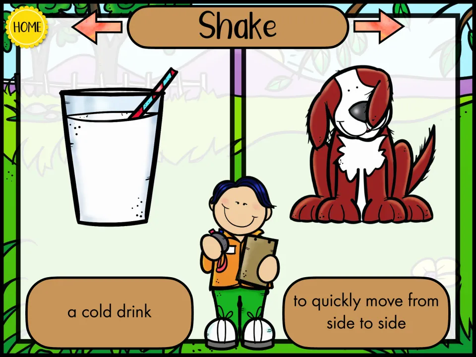 Shake: a glass with a straw pictured as 'a cold drink' and a red dog for 'to quickly move from side to side'