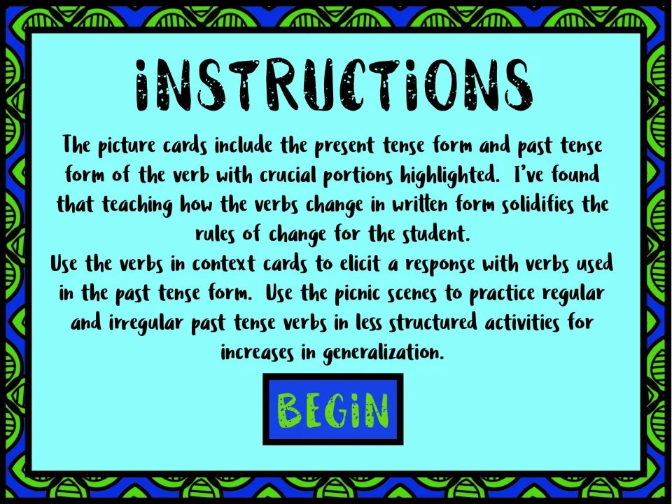Instructions explain highlighted verb changes, past-tense responses to context cards, and picnic scene practice