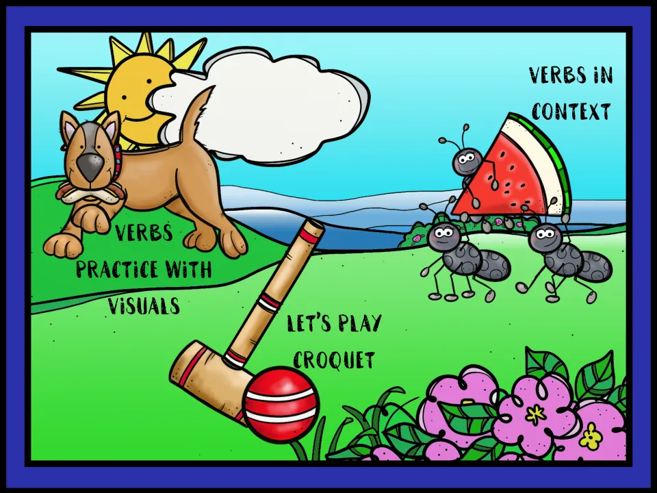 Activity menu offers Verbs Practice with Visuals, Verbs in Context, and Let's Play Croquet selections