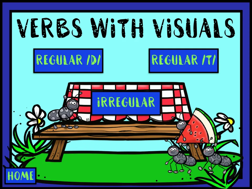 Verbs with Visuals menu offers regular /d/, regular /t/, and irregular past-tense verb practice sections