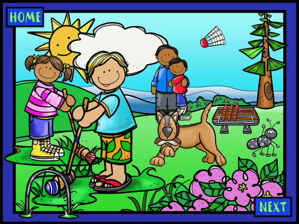 Picnic scene for past-tense practice shows children playing croquet, a hug, a dog carrying a bone, and a grill