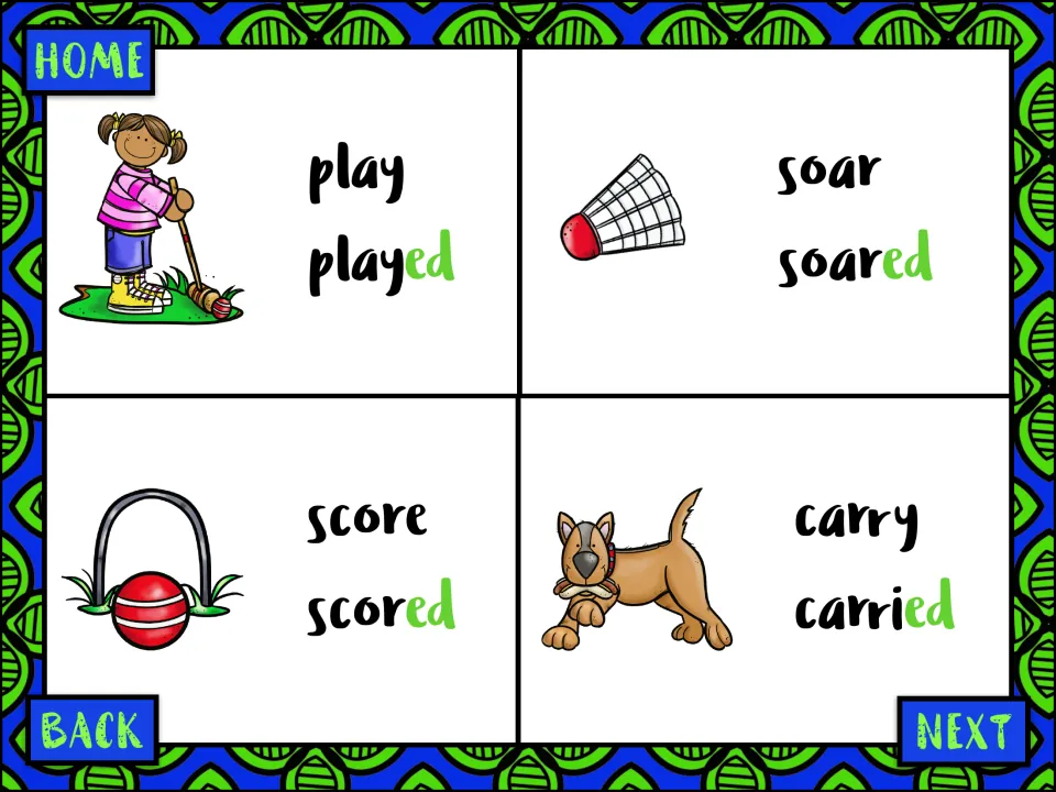 Four visual verb cards pair play/played, soar/soared, score/scored, and carry/carried with highlighted changes