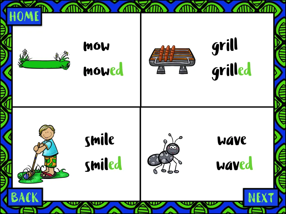Four visual verb cards pair mow/mowed, grill/grilled, smile/smiled, and wave/waved with highlighted endings