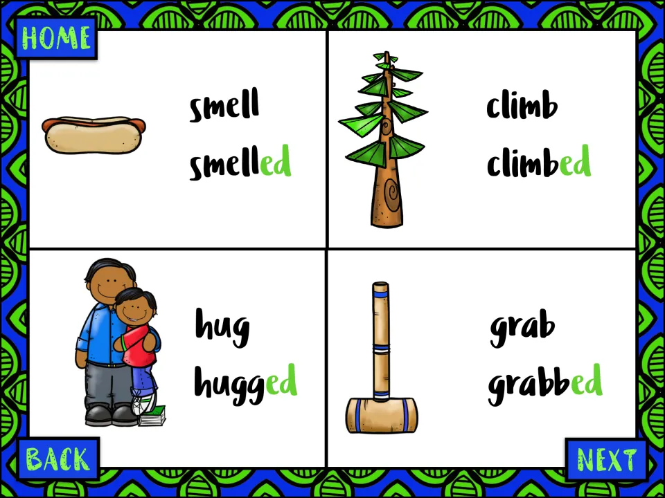 Four visual verb cards pair smell/smelled, climb/climbed, hug/hugged, and grab/grabbed with highlighted endings