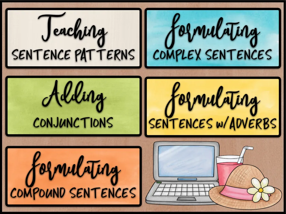 Main menu of five sections: sentence patterns, adding conjunctions, and formulating compound, complex and adverb sentences