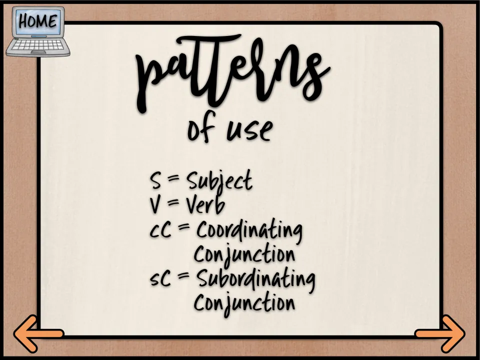 Patterns of use key defining symbols S for subject, V for verb, cC for coordinating and sC for subordinating conjunction