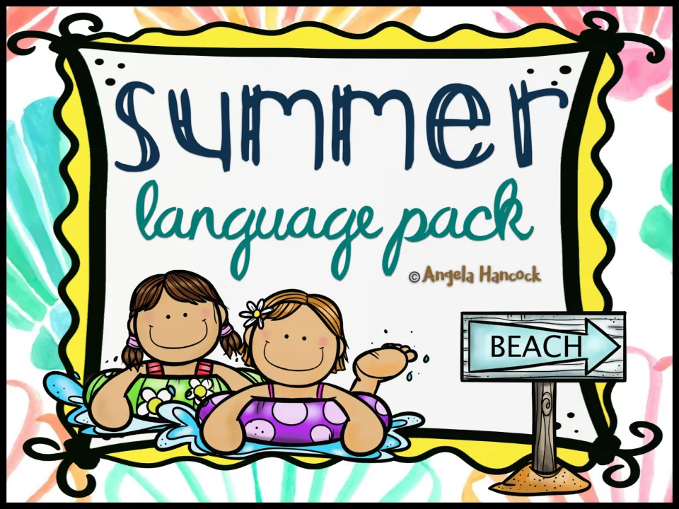 Summer language pack cover by Angela Hancock showing two children in swim rings splashing in water beside a BEACH sign