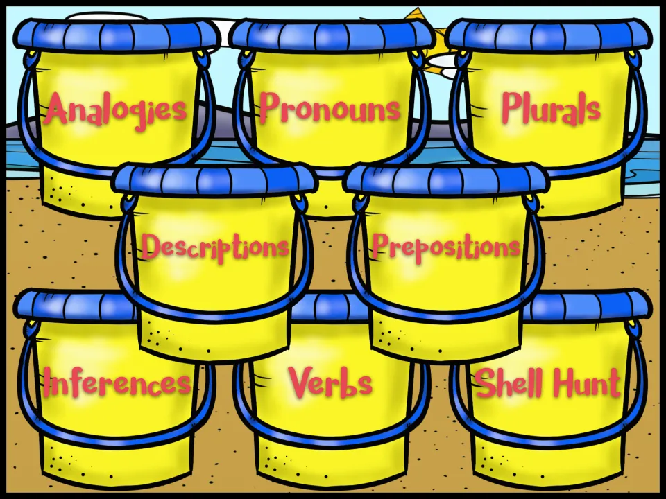 Home menu of buckets linking to analogies, pronouns, plurals, descriptions, prepositions, inferences, verbs and shell hunt