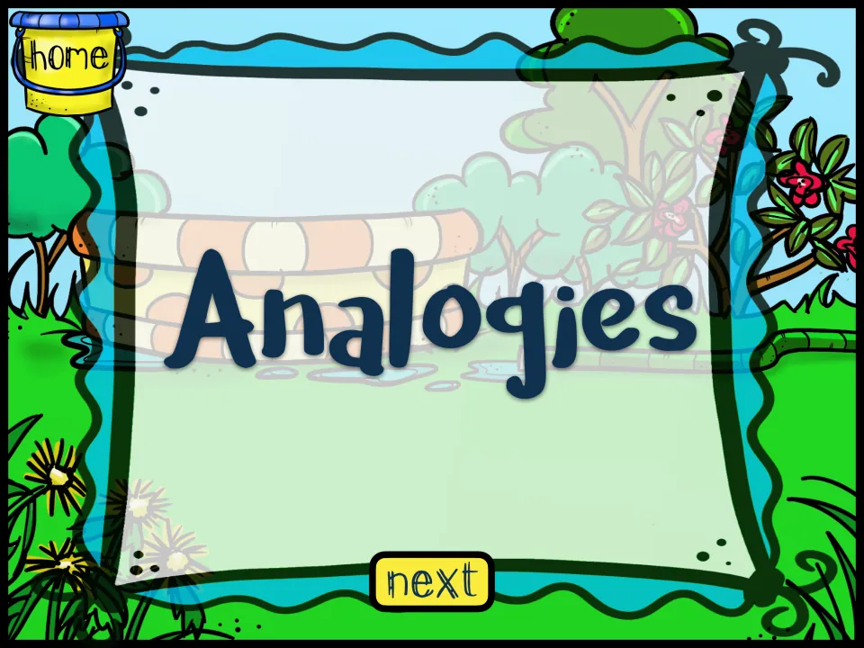 Analogies section title slide in a park scene; students tap next to begin the summer picture analogy items
