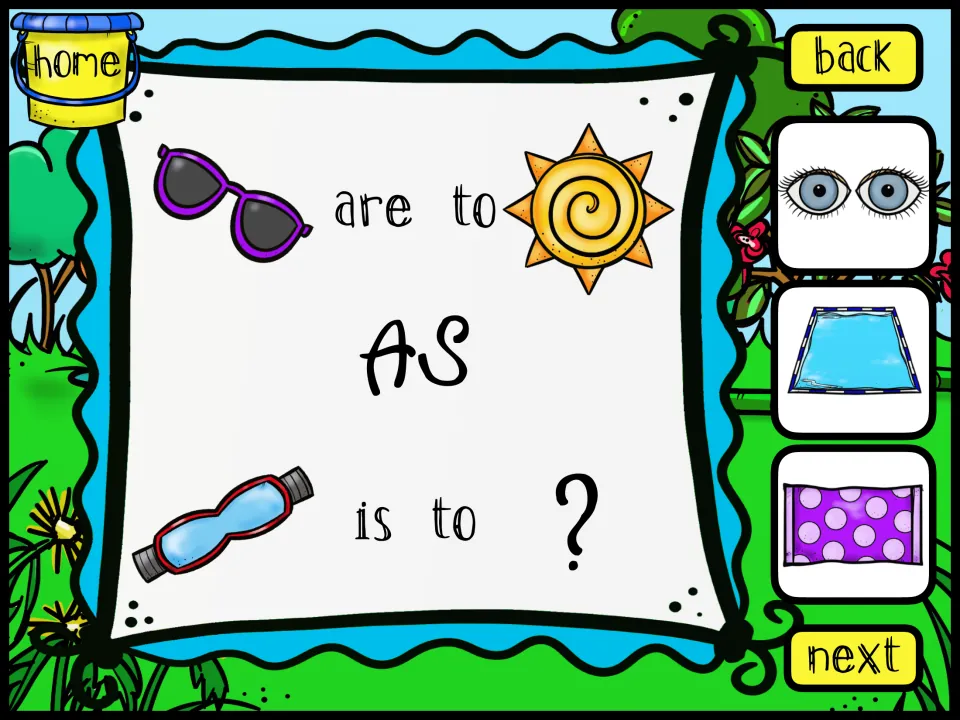 Picture analogy: sunglasses are to sun as goggles are to ?; students choose eyes, a swimming pool or a polka-dot towel