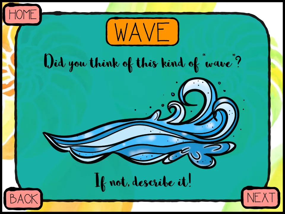 Wave second meaning: a curling ocean wave is shown and students describe it if they did not think of this kind of wave