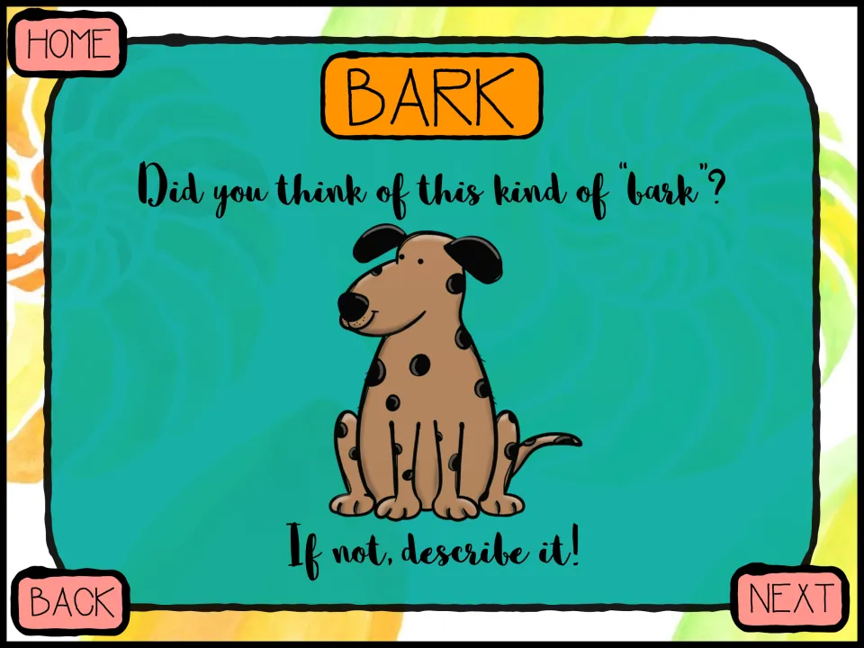Bark second meaning: a spotted dog shows a dog's bark, and students describe this meaning if they did not think of it