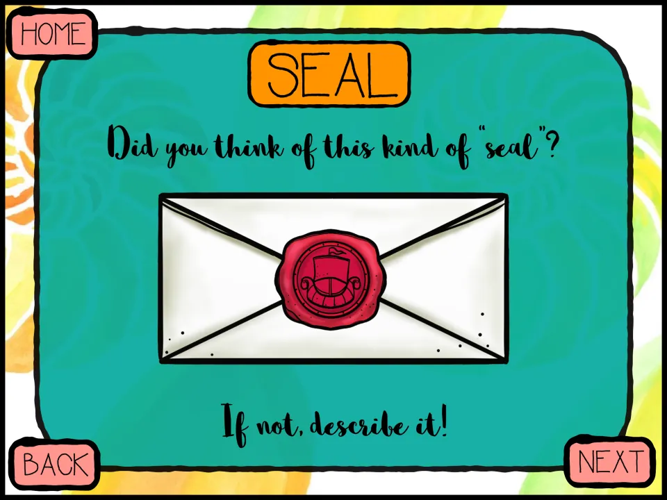 Seal second meaning: an envelope closed with a red wax seal, and students describe this meaning if they missed it
