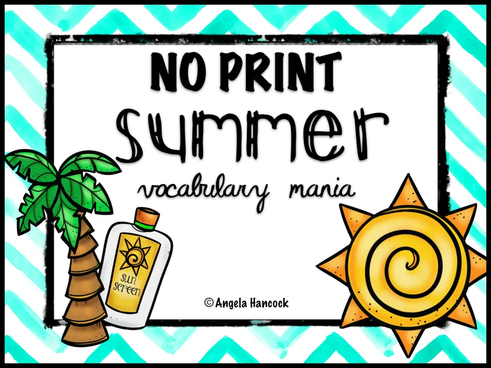 Summer vocabulary mania cover by Angela Hancock, a no-print digital set shown with palm tree, sunscreen and sun clip art