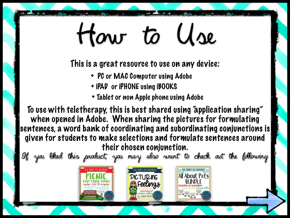 How to Use: opening the file on a PC, Mac, iPad or tablet, sharing it for teletherapy, and three related product covers