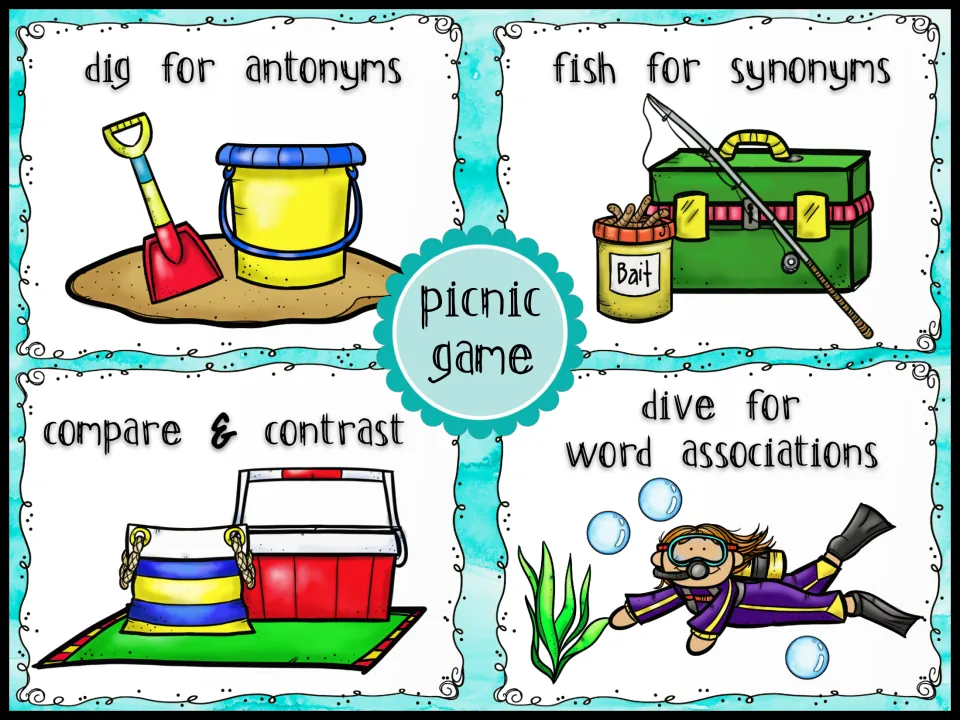Picnic game menu of four activities: dig for antonyms, fish for synonyms, compare & contrast, dive for word associations
