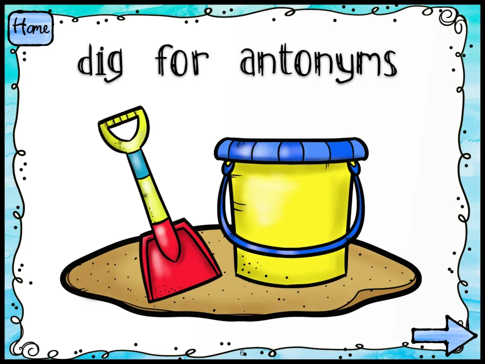Dig for antonyms section title: a red shovel and yellow sand bucket open the antonym activity in this summer vocabulary set