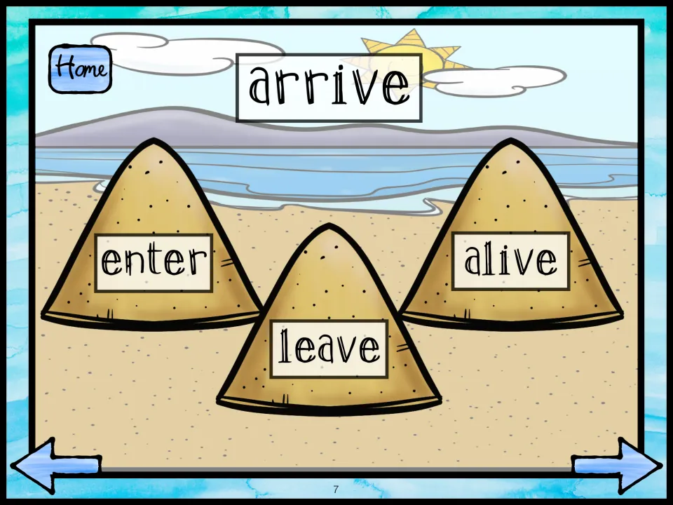 Antonym for arrive: students pick the opposite word from three sand piles labeled enter, leave and alive on a beach scene