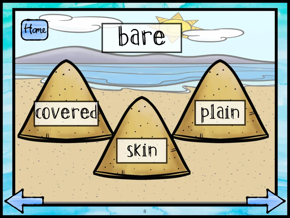 Antonym for bare: students choose the opposite from three beach sand piles labeled covered, skin and plain