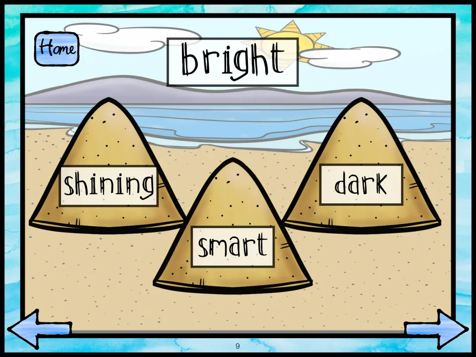 Antonym for bright: students tap the opposite from three sand piles labeled shining, smart and dark in a beach scene