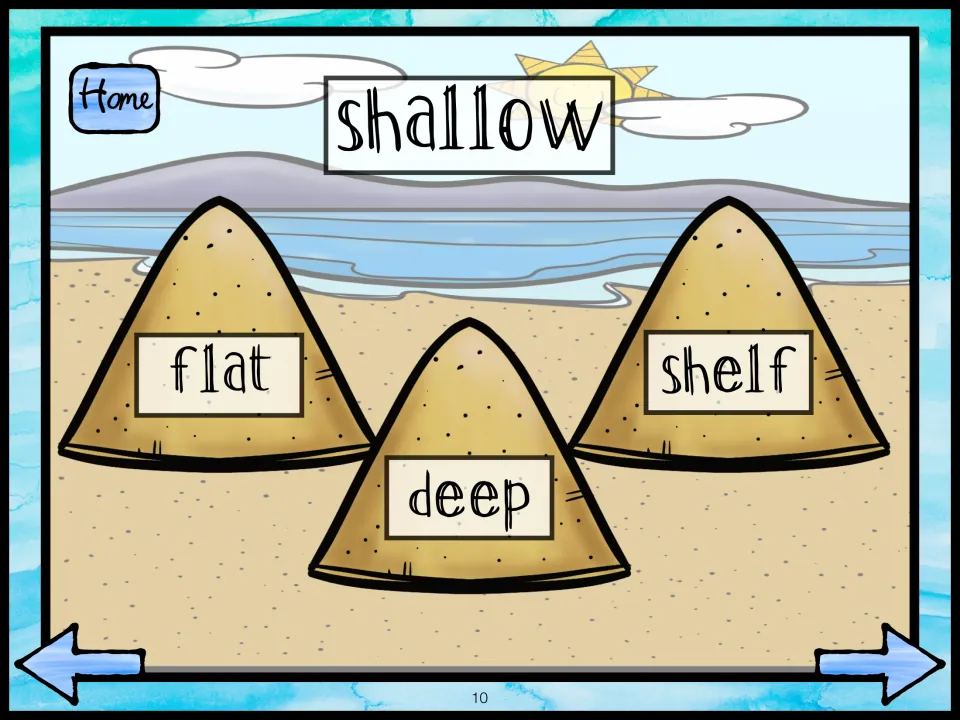 Antonym for shallow: students pick the opposite word from three beach sand piles labeled flat, deep and shelf