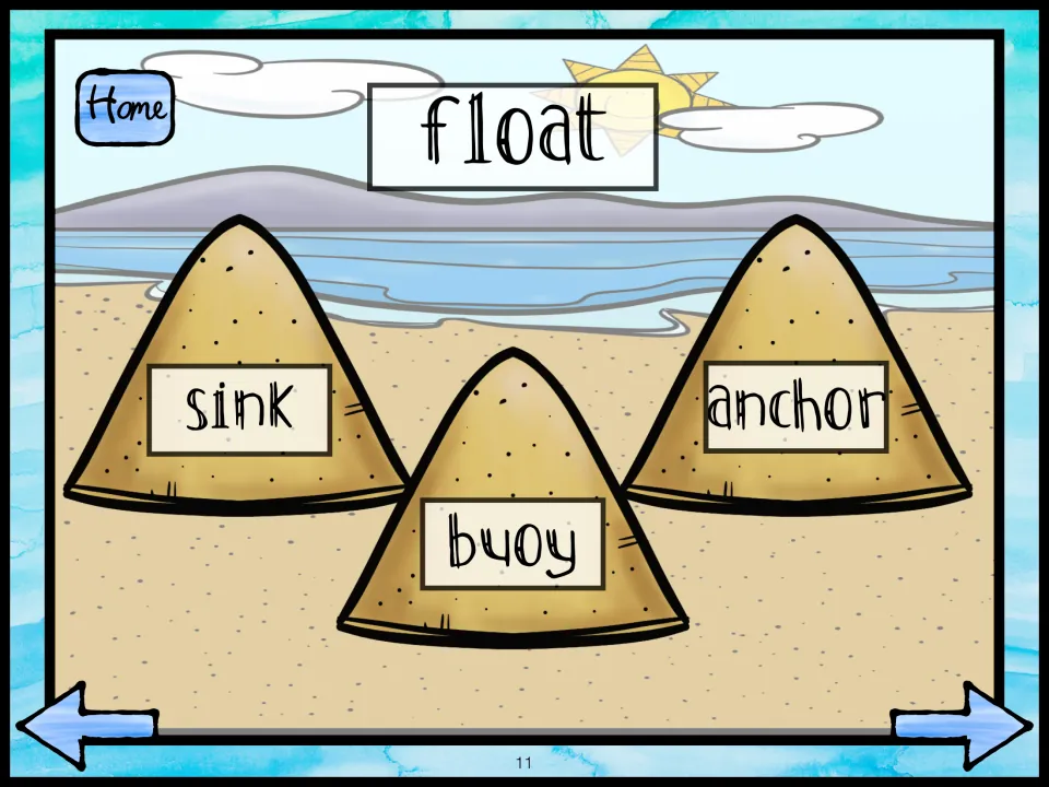 Antonym for float: students select the opposite from three sand piles labeled sink, buoy and anchor on a sunny beach