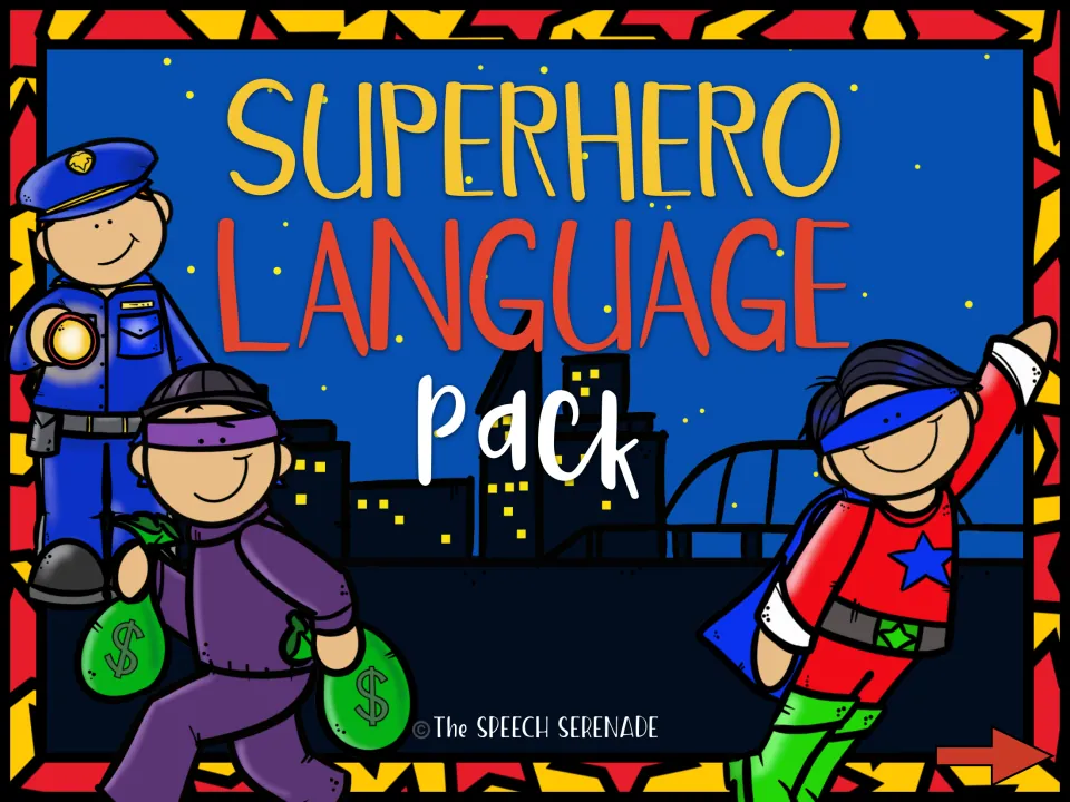 Superhero Language Pack cover by The Speech Serenade showing a police officer, a robber with money bags and a superhero