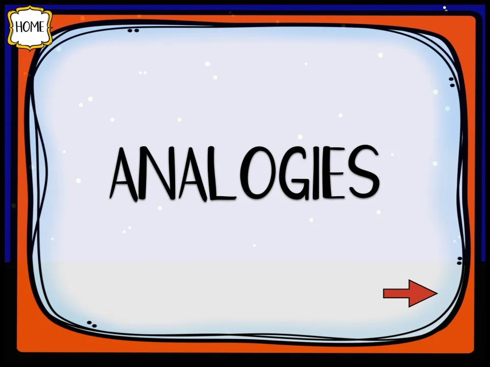 Analogies section title slide that opens the superhero analogy questions, where students complete A is to B as C is to ?