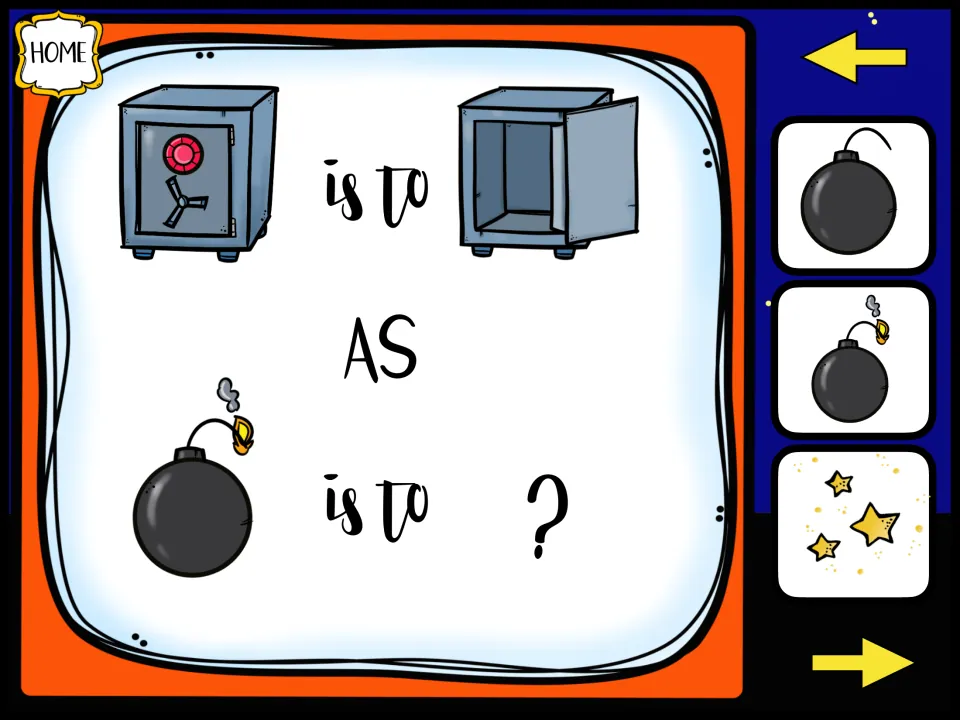 Analogy: locked safe is to open safe as lit bomb is to ?; students pick unlit bomb, lit bomb or burst of stars