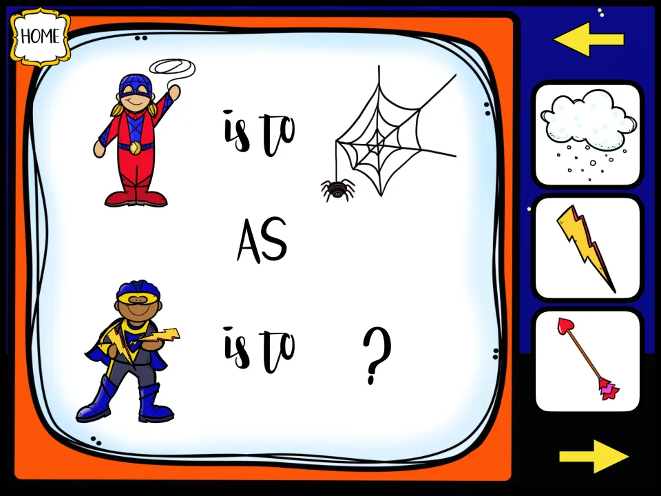 Analogy: red-suited hero is to spider web as lightning hero is to ?; students choose a snow cloud, lightning bolt or arrow