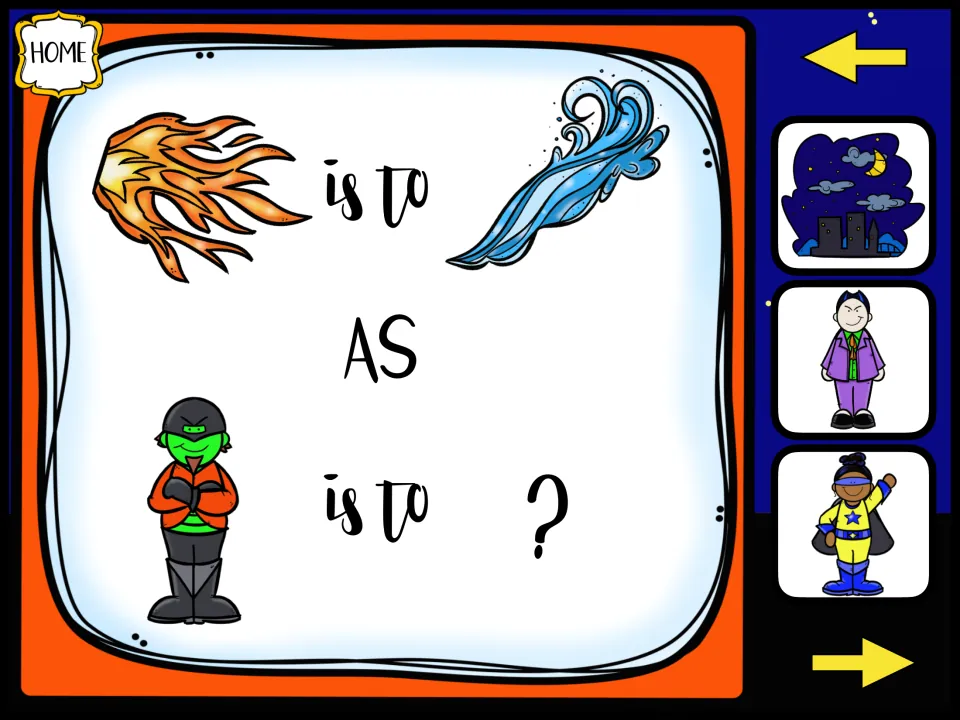 Analogy: fire is to water as a villain in a mask is to ?; students choose a night city, a villain in purple or a superhero