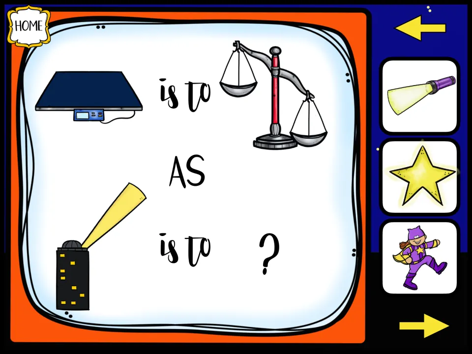 Analogy: digital scale is to balance scale as a city signal light is to ?; students pick a flashlight, a star or a superhero